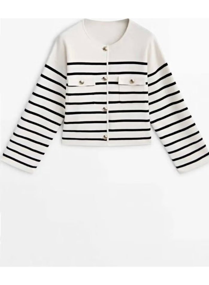 Ritnice Women's Milena Ecru Black Striped Double Pocket Gold Buttoned Cardigan - Image 1